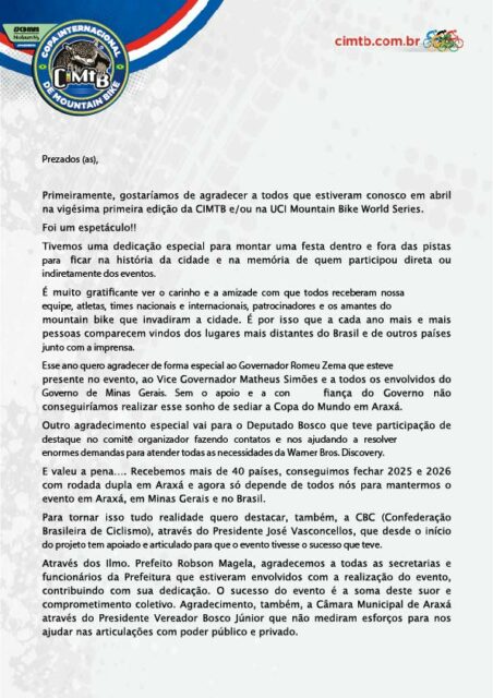 CARTA DE AGRADECIMENTO ARAXÁ 2024