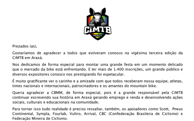 Carta de Agradecimento – CiMTB Araxá 2026